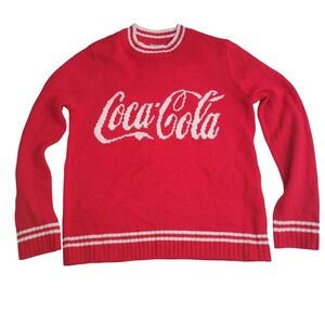 Coca-Cola Womens Red Intarsia Logo‎ Pullover Crewneck Knit Sweater Medium Retro